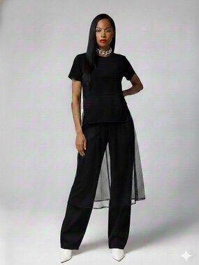 DAZY Edgy Minimalist Mesh Hem Tee | Sheer Layering T-Shirt Dress | Black Size M